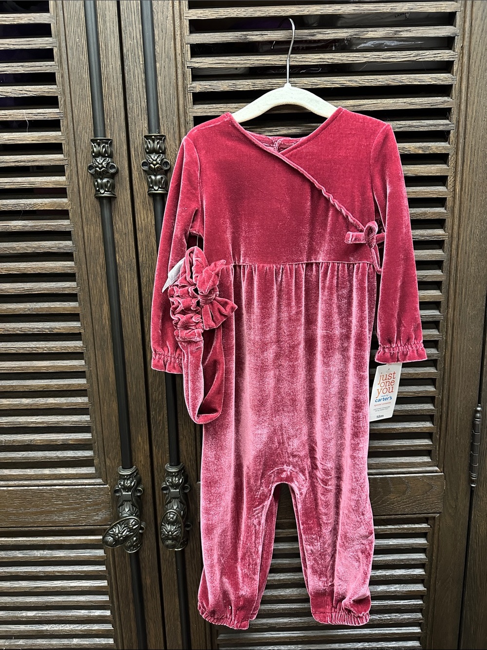 Carter's Velvet Rose Pink Long-Sleeve Baby Romper with Side Bow